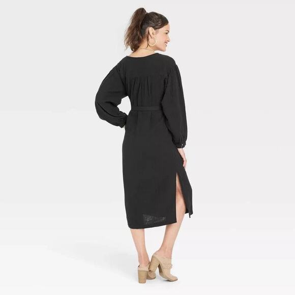 Universal Thread Balloon Long Sleeve Tie-Front Shirtdress w/ Pockets  Blk M New - Picture 4 of 6